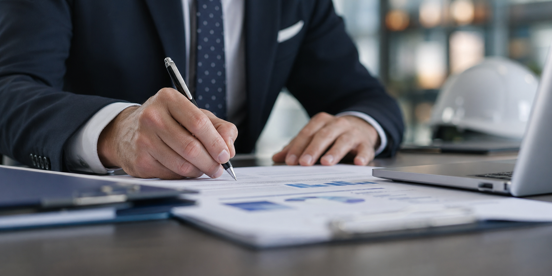 Business professional signing an industrial sourcing contract